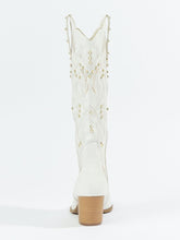 Off White Embroidered Pearl Studded Pointed Toe Slanted Heel Western Mid Calf Boots